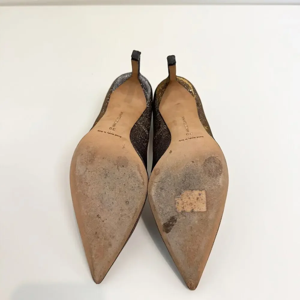 Manolo Blahnik BB 105 Nott Gold Glitter Pumps 39 Metallic Gray Point Toe Heels